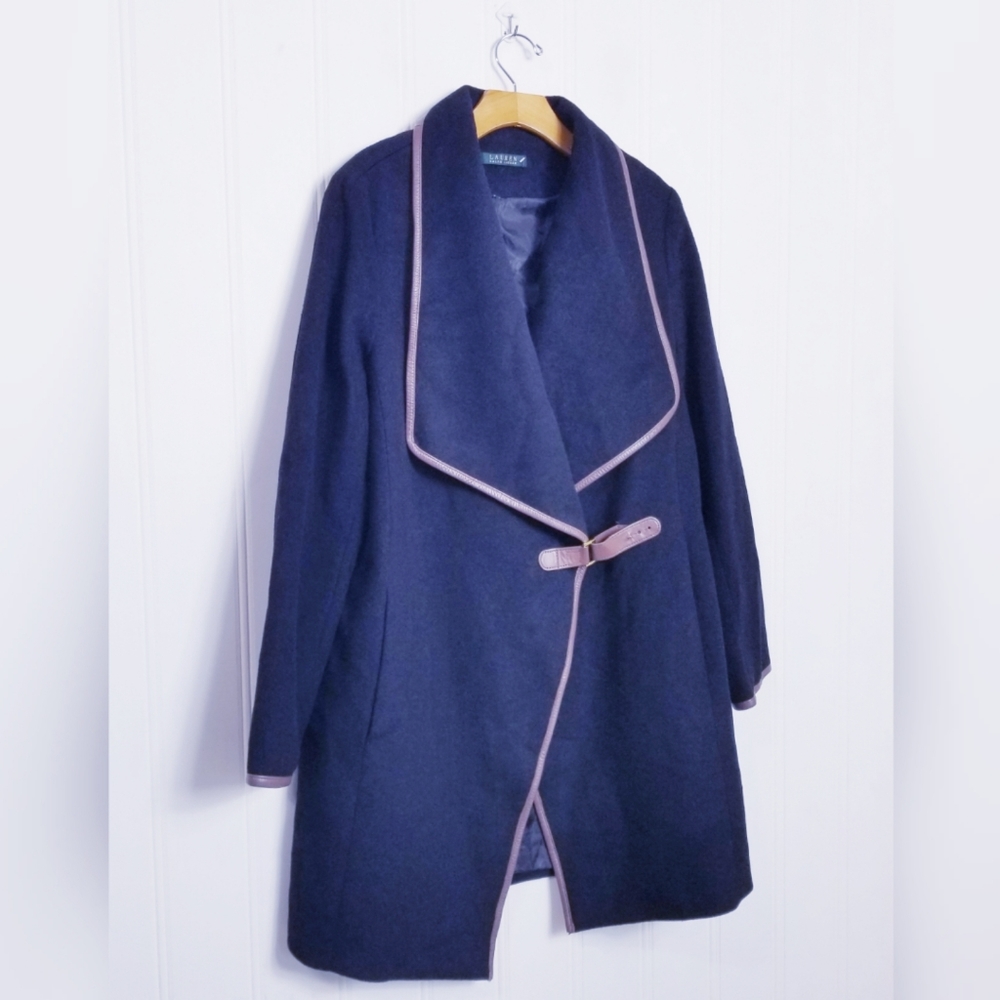 Lauren Ralph Lauren Wrap Coat 12 Buckle Trim Wool Blend Shawl Collar Black